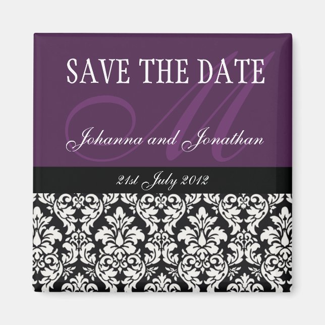 Purple Damask Monogram Save The Date Magnets (Front)