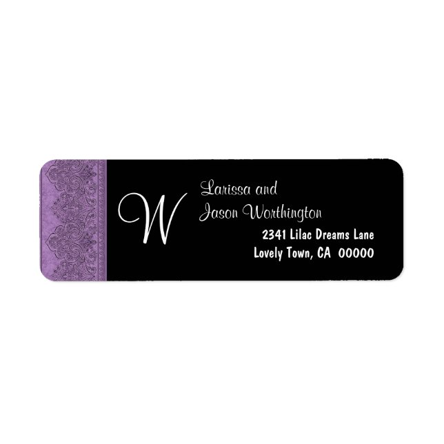 Purple Damask Monogram W Wedding Black Background (Front)