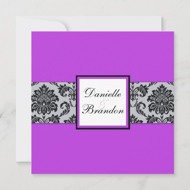 Purple Damask Monogram Wedding Invitation (Front)