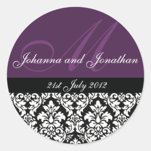 Purple Damask Monogram Wedding Stickers