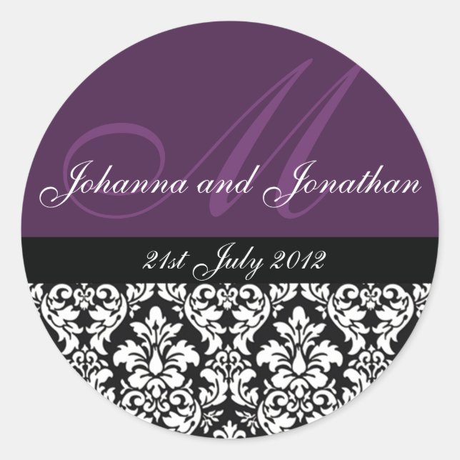 Purple Damask Monogram Wedding Stickers (Front)