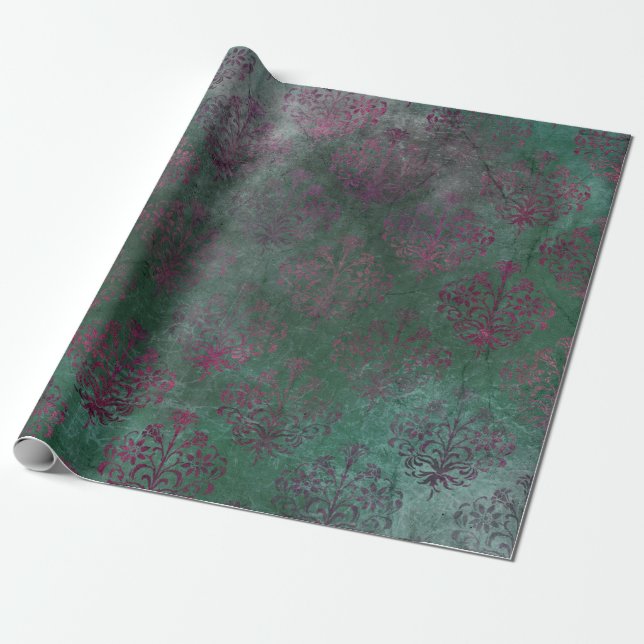 Purple Damask on faded green background Wrapping Paper (Unrolled)