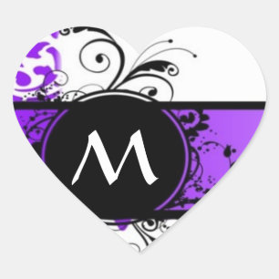 Purple damask pattern and monogram heart sticker