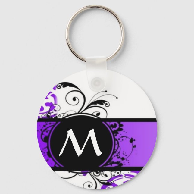 Purple damask pattern and monogram key ring (Front)