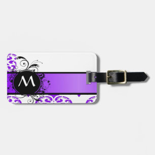 Purple damask pattern and monogram luggage tag