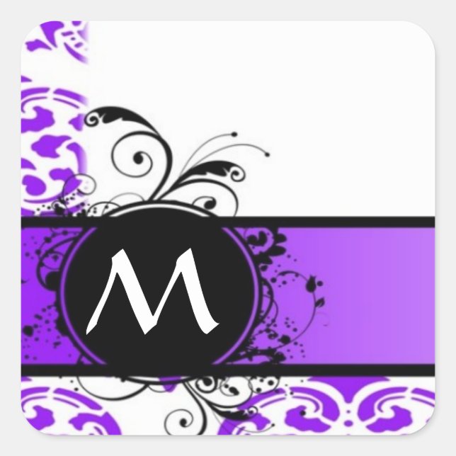 Purple damask pattern and monogram square sticker (Front)