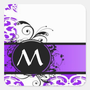 Purple damask pattern and monogram square sticker