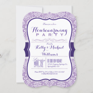 Purple Damask Pattern; Elegant Housewarming Party Invitation