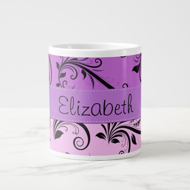 Purple Damask, Pink Damask, Your Name Large Coffee Mug (Front)