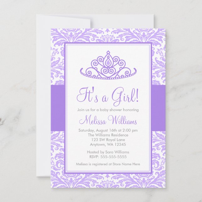 Purple Damask Princess Crown Girl Baby Shower Invitation (Front)