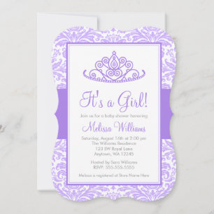 Purple Damask Princess Crown Girl Baby Shower Invitation