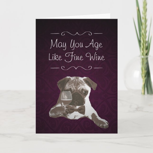 Purple Damask Pug & Fine Wine Happy Birthday Card (Front)