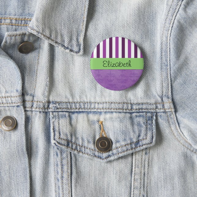 Purple Damask, Purple Stripes, Striped, Your Name 6 Cm Round Badge (In Situ)