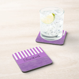 Purple Damask, Purple Stripes, Striped, Your Name Coaster