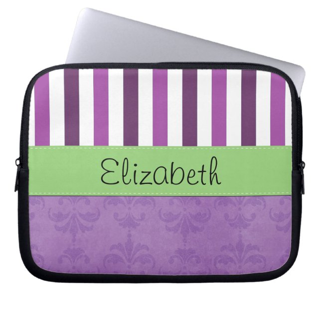 Purple Damask, Purple Stripes, Striped, Your Name Laptop Sleeve (Front)
