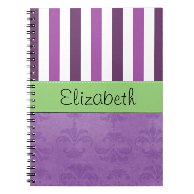 Purple Damask, Purple Stripes, Striped, Your Name Spiral Notebook (Front)