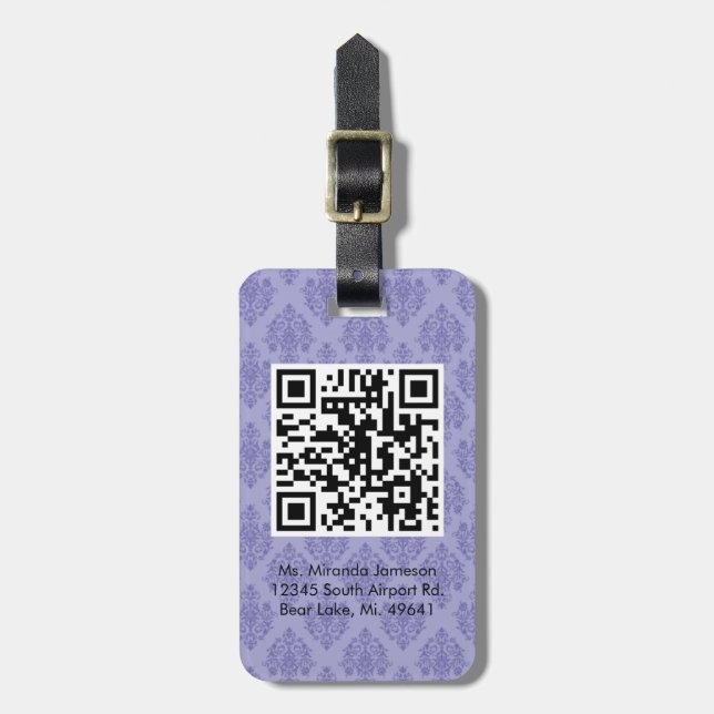 Purple Damask QR CODE Custom Luggage Tag (Front Vertical)