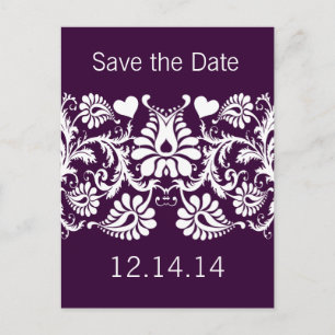 Purple Damask Save the Date Announcement Postcard