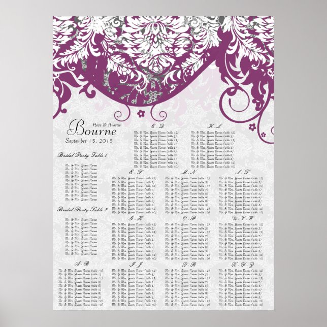 Purple Damask Seating Chart Alphabetical (Front)