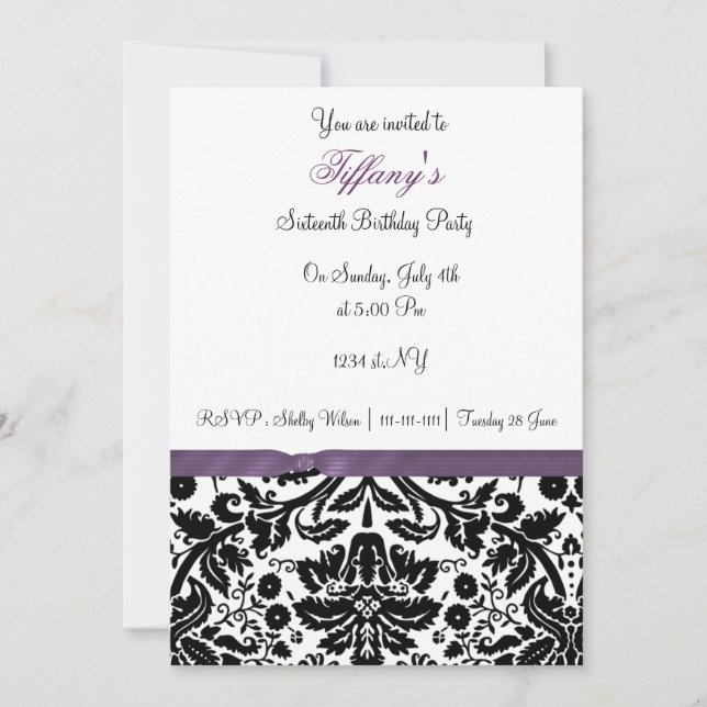 purple damask Sweet Sixteen party Invitation (Front)