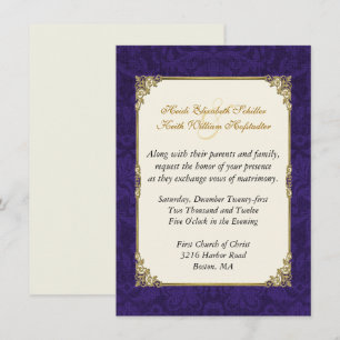 Purple Damask & Vintage Gold Wedding Invitation