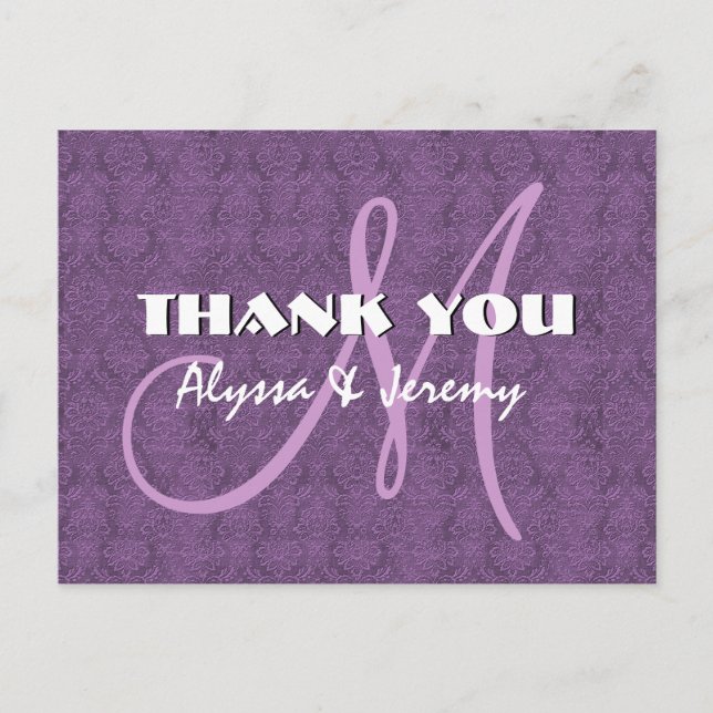 Purple Damask Wedding Thank You Monogram N802 Postcard (Front)