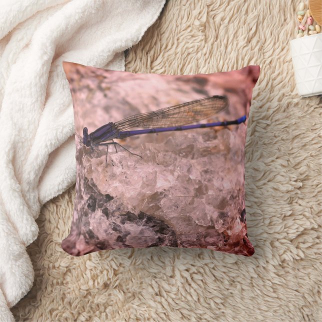 Purple Damselfly On Quartz Rock Close Up  Cushion (Blanket)
