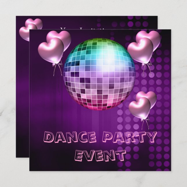 Purple Dance Party Event Mirrorball Love Balloons Invitation (Front/Back)