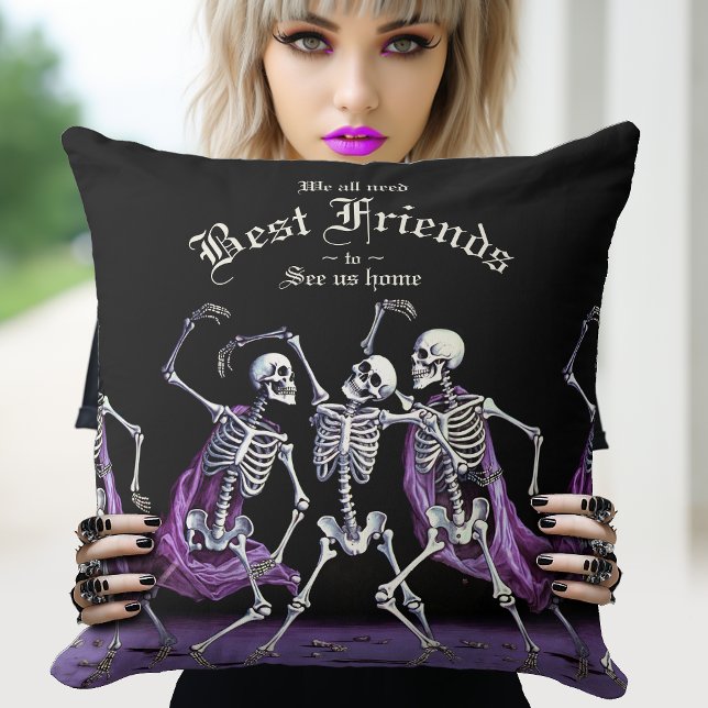 Purple Dancing Skeletons Halloween Gothic  Cushion (When you need a friend or two to help you home. This pillow is the perfect gothic best friends gift.)