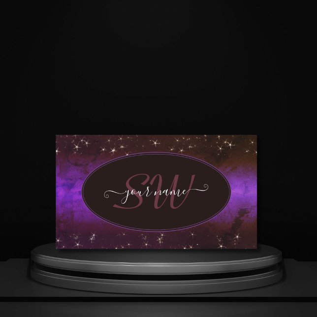 Purple Dark Burgundy Galaxy Glitter Stars Monogram Business Card (Creator Uploaded)