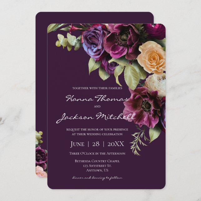 Purple Dark Moody Elegant Floral Wedding Invitation (Front/Back)