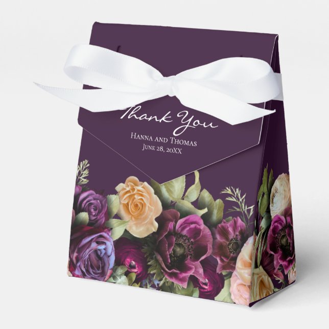 Purple Dark Moody Elegant Floral Wedding Thank You Favour Box (Front Side)