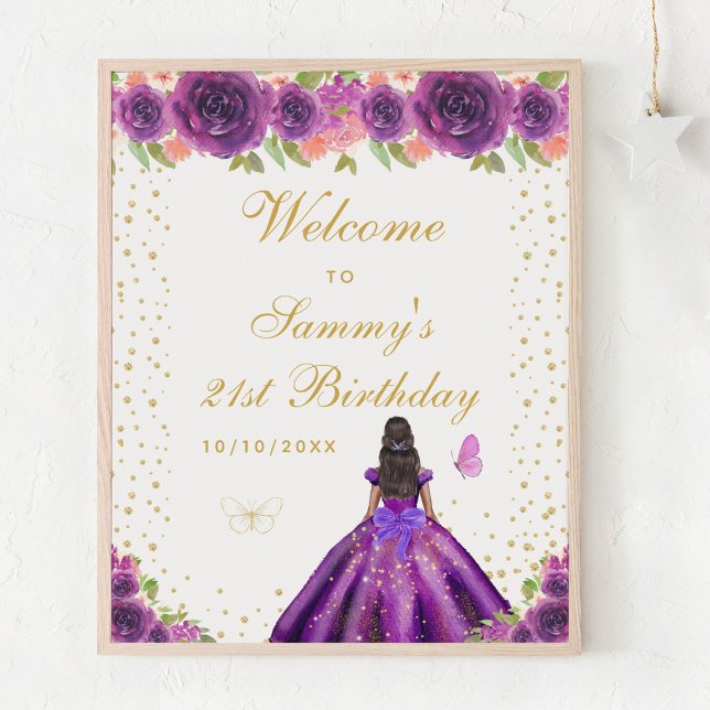 Purple Dark Skin Girl Birthday Party Welcome Poster (Creator Uploaded)