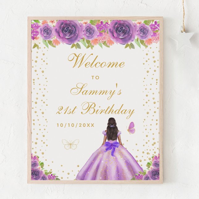 Purple Dark Skin Girl Birthday Party Welcome Poster (Creator Uploaded)