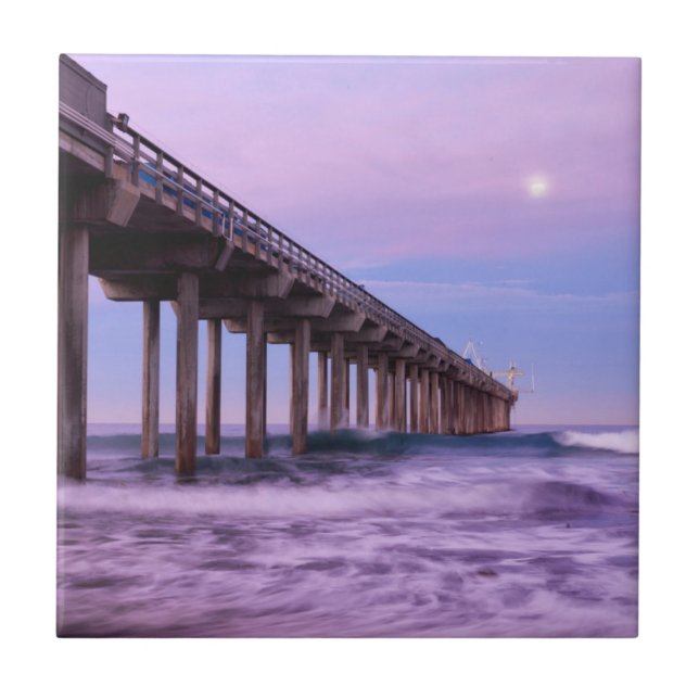 Purple dawn over pier, California Tile (Front)