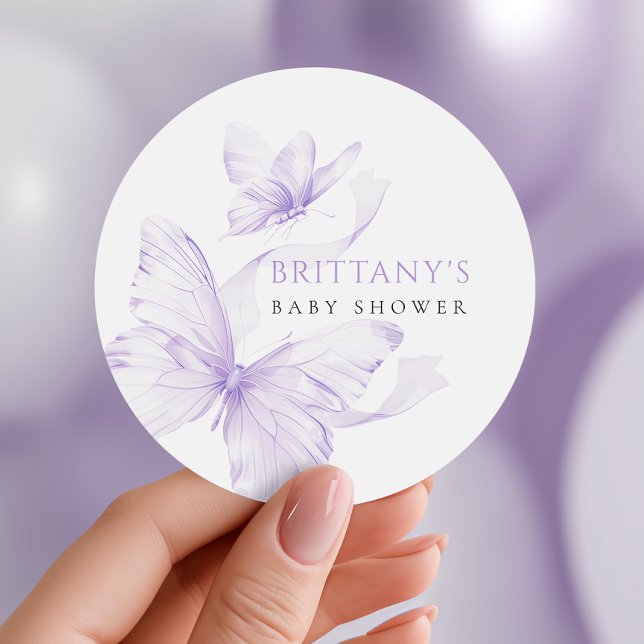 Purple Delicate Butterfly Baby Shower Classic Round Sticker (Creator Uploaded)