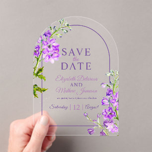 Purple delphinium botanical acrylic save the date invitations