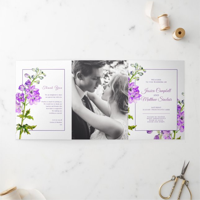 Purple delphinium flowers watercolor wedding Tri-Fold programme (Outside)