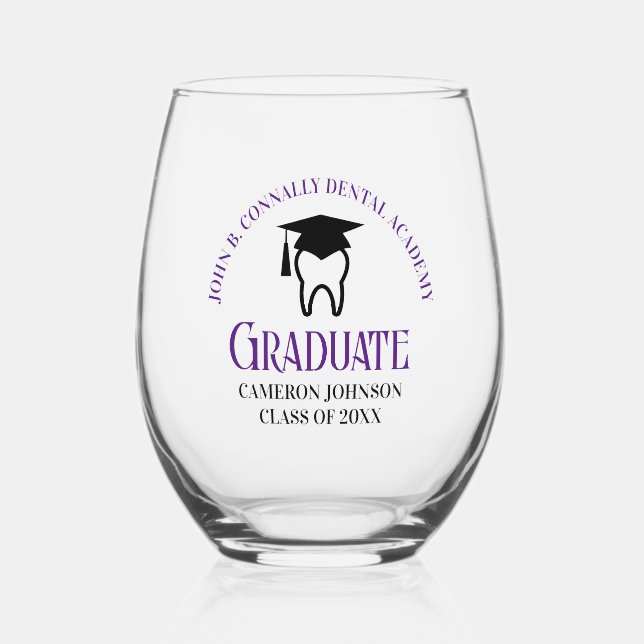 Purple Dental School Custom Dentist Graduation Stemless Wine Glass (Front)