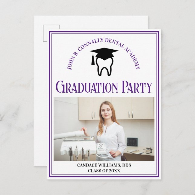 Purple Dental School Photo Custom Graduation Party Invitation Postcard (Front/Back)