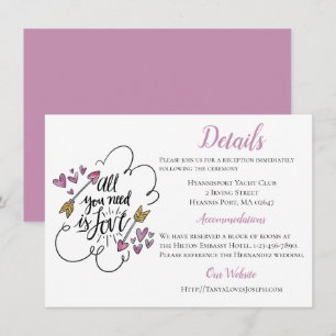 Purple Details Directions Love Heart Arrow Wedding Invitation