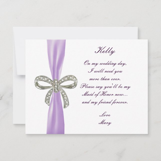Purple Diamond Bow Wedding Maid Of Honour Card (Front)