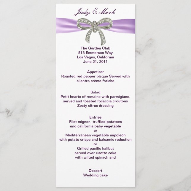 Purple Diamond Bow Wedding Menu Card (Front)