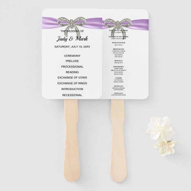 Purple Diamond Bow Wedding Program Hand Fan (Front and Back)
