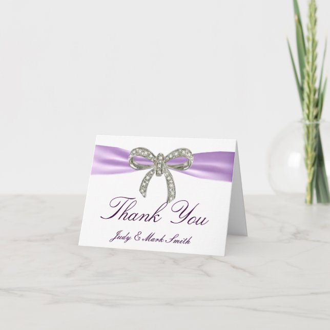 Purple Diamond Bow Wedding Thank You Card (Front)
