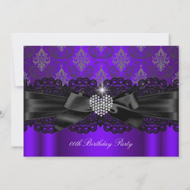 Purple Diamond Heart Damask Birthday Party Invitation (Front)