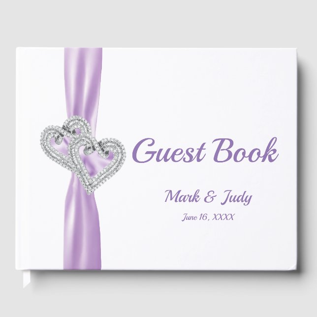 Purple Diamond Hearts Wedding Guestbook (Front)