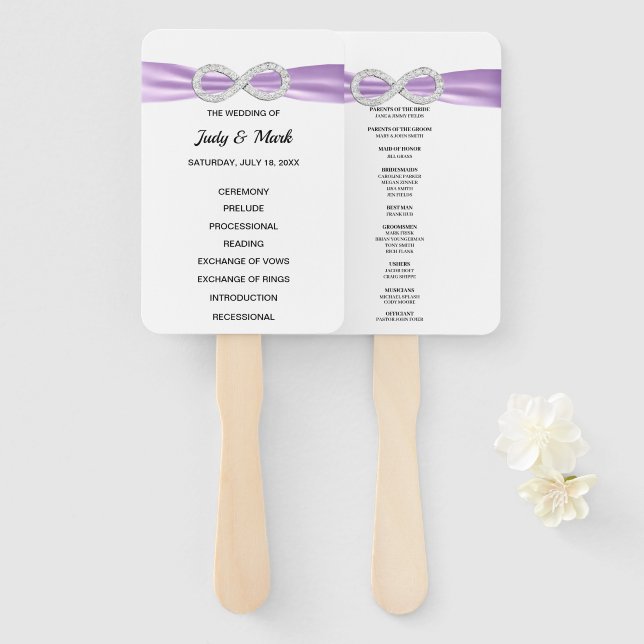 Purple Diamond Infinity Wedding Program Fans (Front and Back)