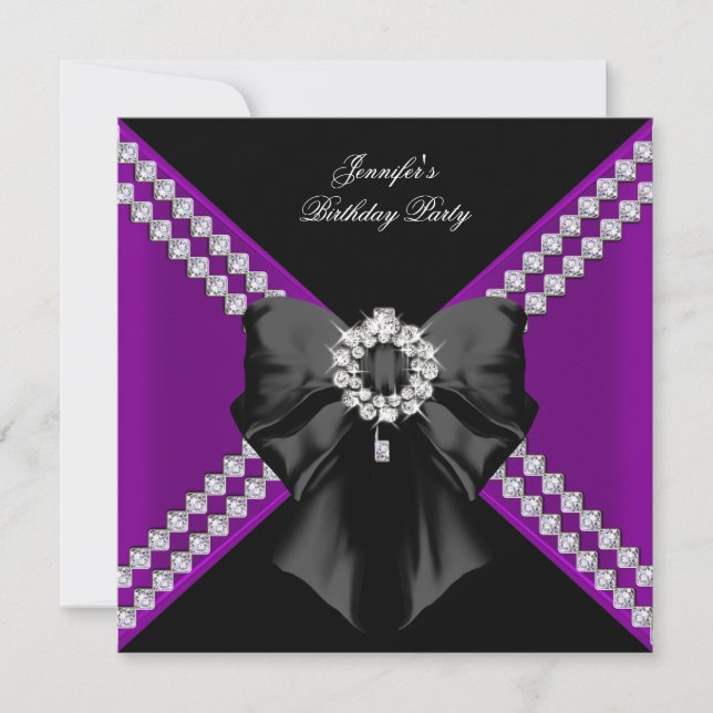 Purple Diamonds Elegant Birthday Party Black Invitation (Front)