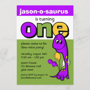 Purple Dinosaur 1st Birthday Invitation